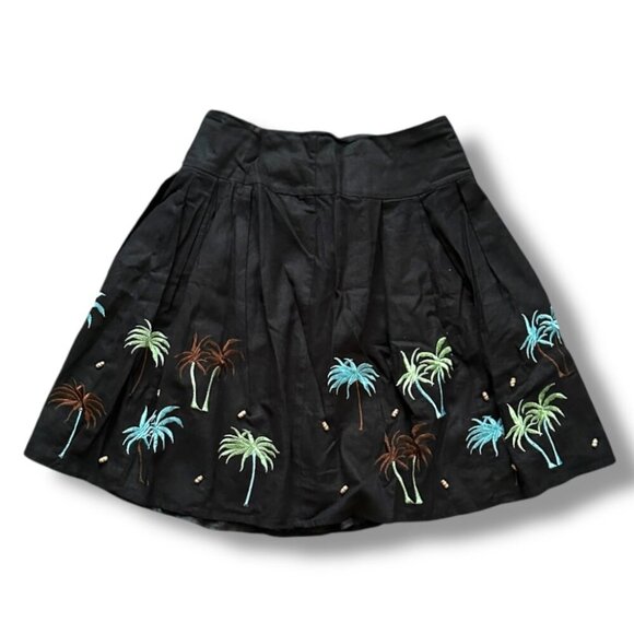 Vintage Carole Little Black Embroidered Palm Tree Skirt Women's Size 8 Linen - Picture 1 of 15